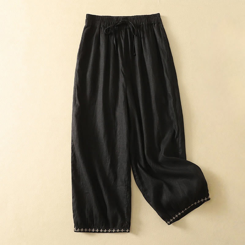 Pantalon décontracté rétro en coton et lin avec cordon de serrage et broderie Buddha Stones pour femme, longueur 7-8, avec poches