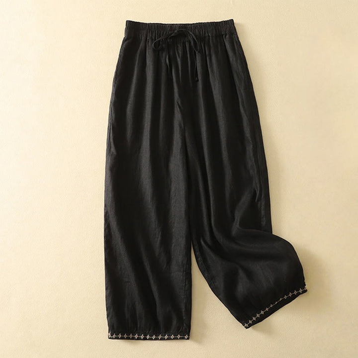 Pantalon décontracté rétro en coton et lin avec cordon de serrage et broderie Buddha Stones pour femme, longueur 7-8, avec poches