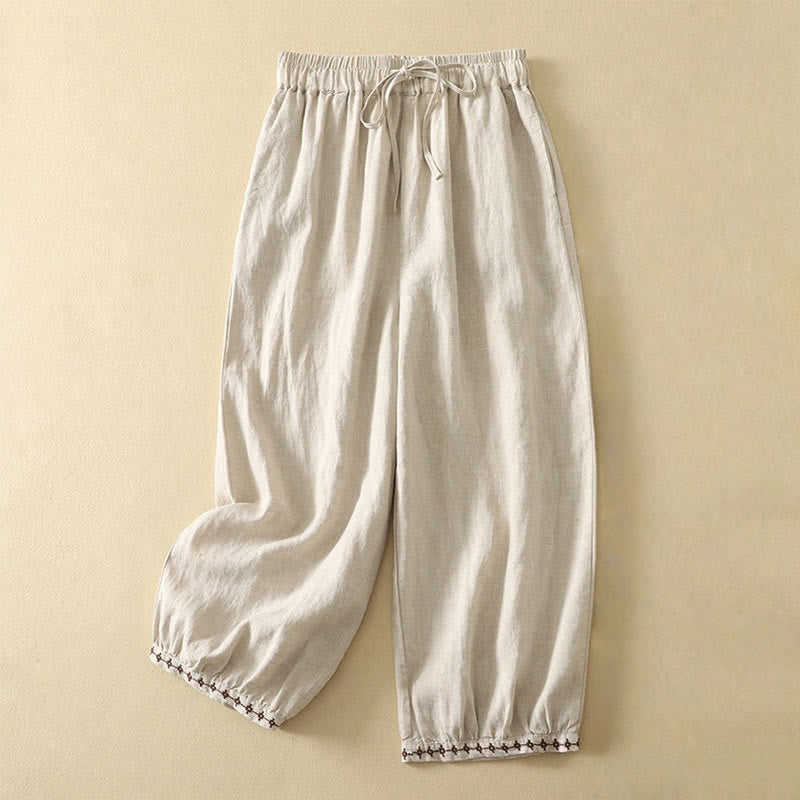 Pantalon femme longueur 7-8 avec poches, style rétro décontracté, cordon de serrage et broderie, Buddha Stones - Lin - US8-10，UK/AU12-14，EU40-42 (2XL) - image 0