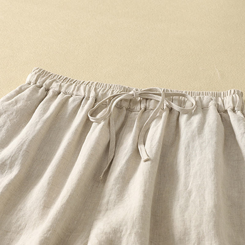 Pantalon décontracté rétro en coton et lin avec cordon de serrage et broderie Buddha Stones pour femme, longueur 7-8, avec poches
