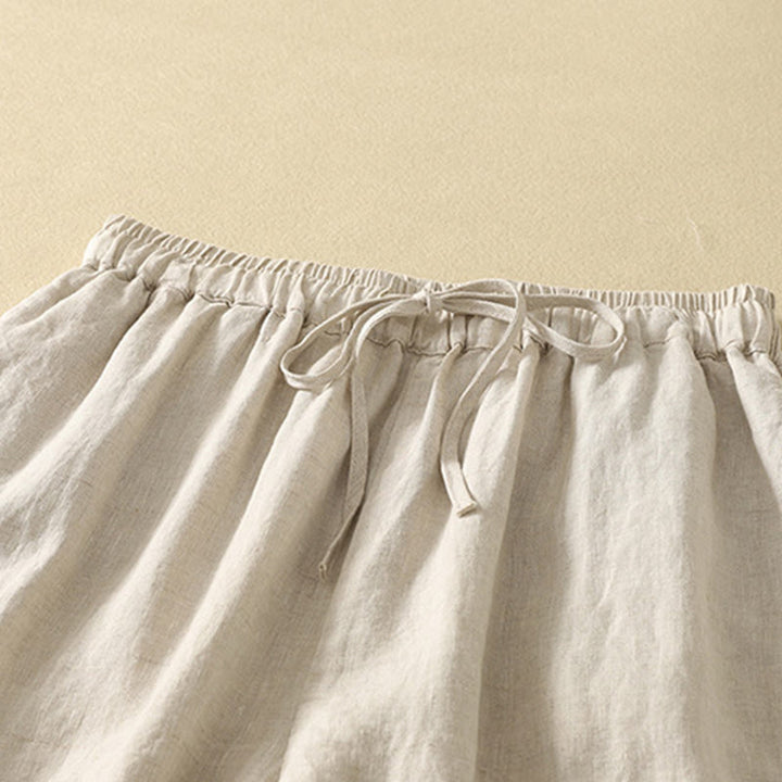 Pantalon décontracté rétro en coton et lin avec cordon de serrage et broderie Buddha Stones pour femme, longueur 7-8, avec poches