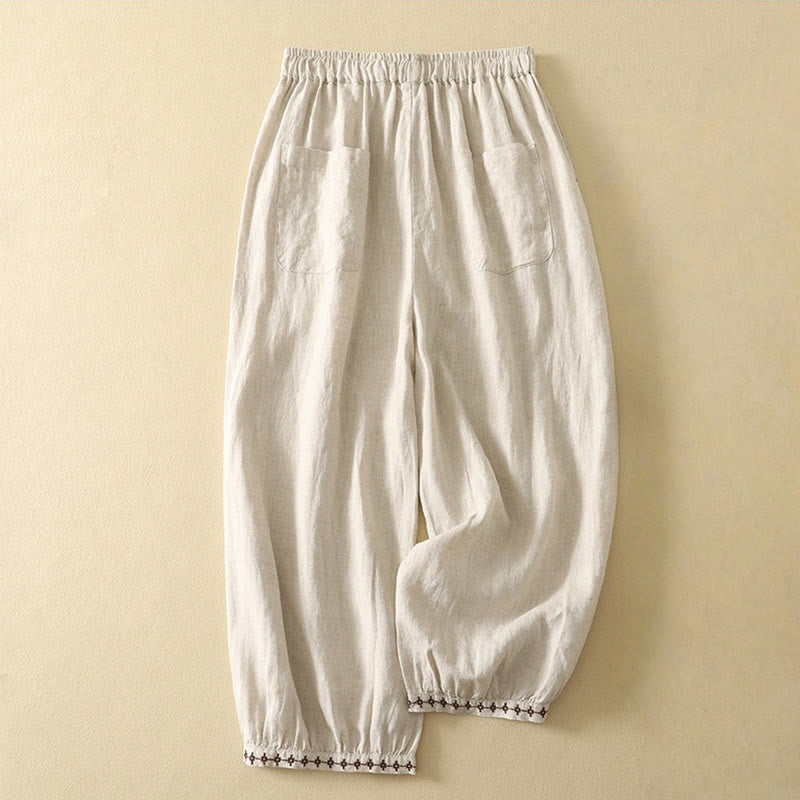 Pantalon décontracté rétro en coton et lin avec cordon de serrage et broderie Buddha Stones pour femme, longueur 7-8, avec poches