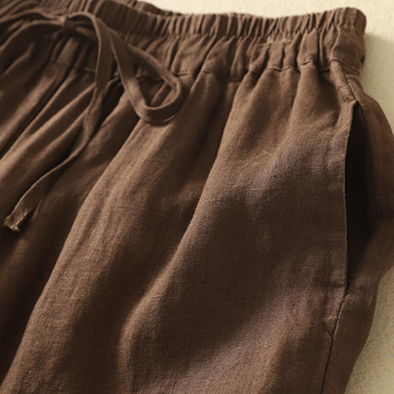 Pantalon décontracté rétro en coton et lin avec cordon de serrage et broderie Buddha Stones pour femme, longueur 7-8, avec poches