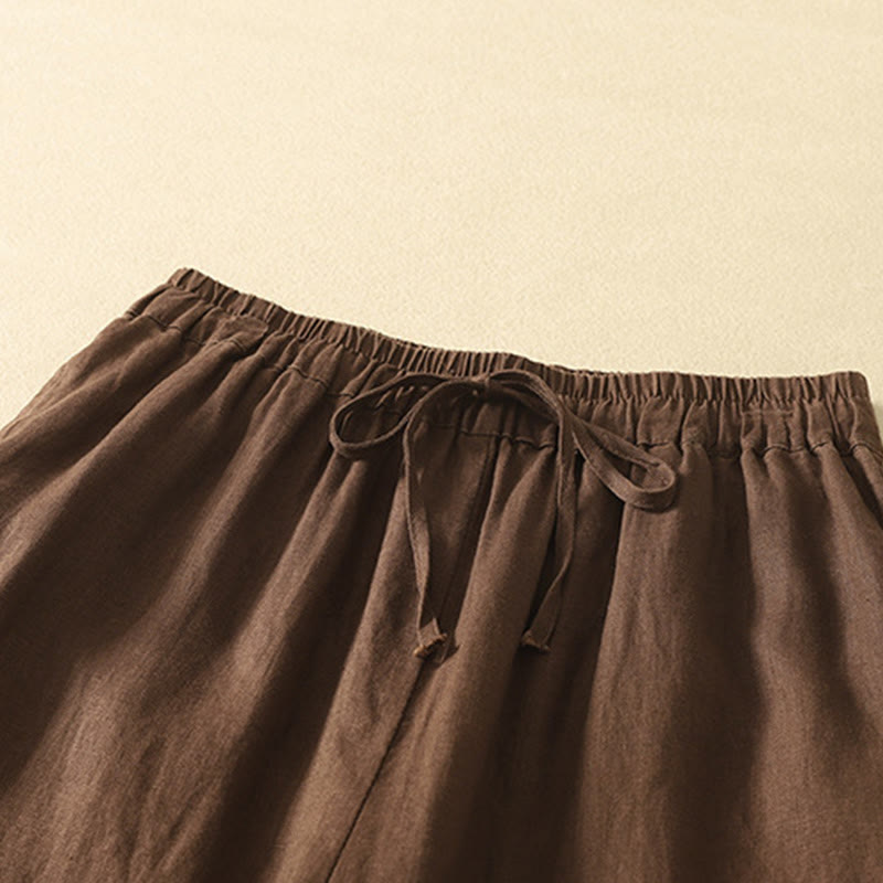 Pantalon décontracté rétro en coton et lin avec cordon de serrage et broderie Buddha Stones pour femme, longueur 7-8, avec poches