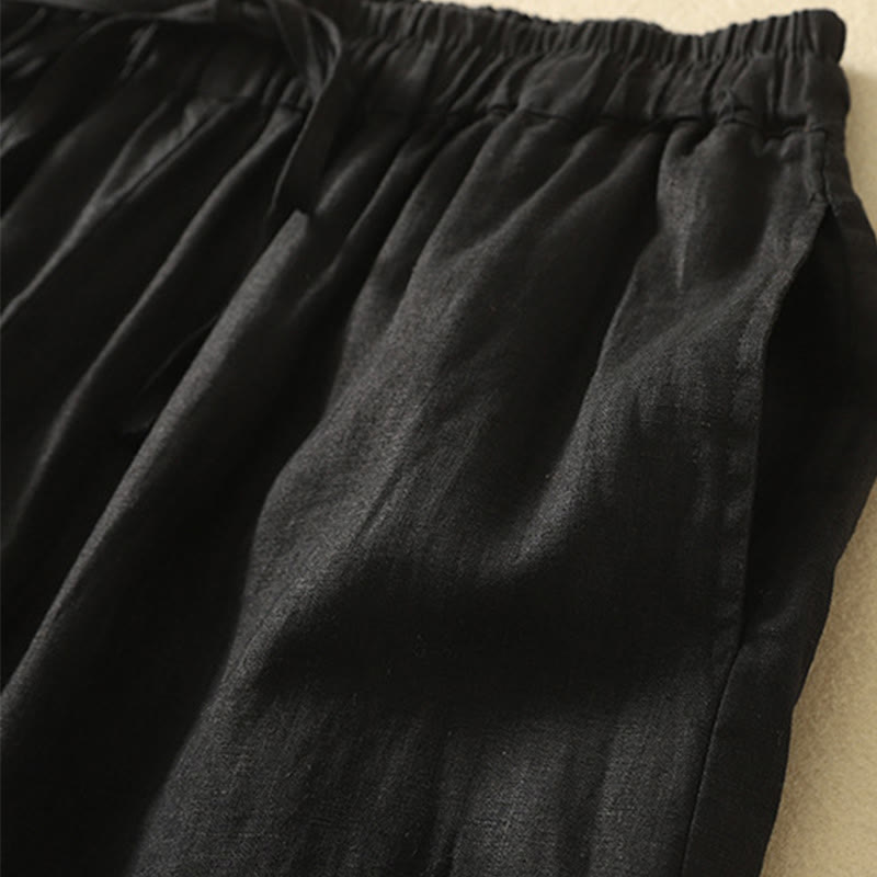 Pantalon décontracté rétro en coton et lin avec cordon de serrage et broderie Buddha Stones pour femme, longueur 7-8, avec poches