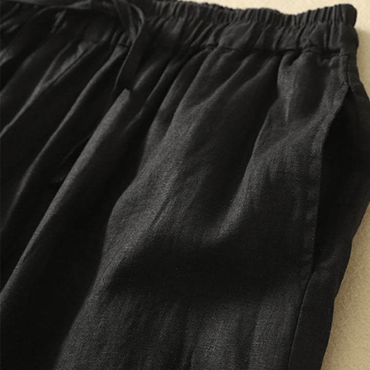 Pantalon décontracté rétro en coton et lin avec cordon de serrage et broderie Buddha Stones pour femme, longueur 7-8, avec poches