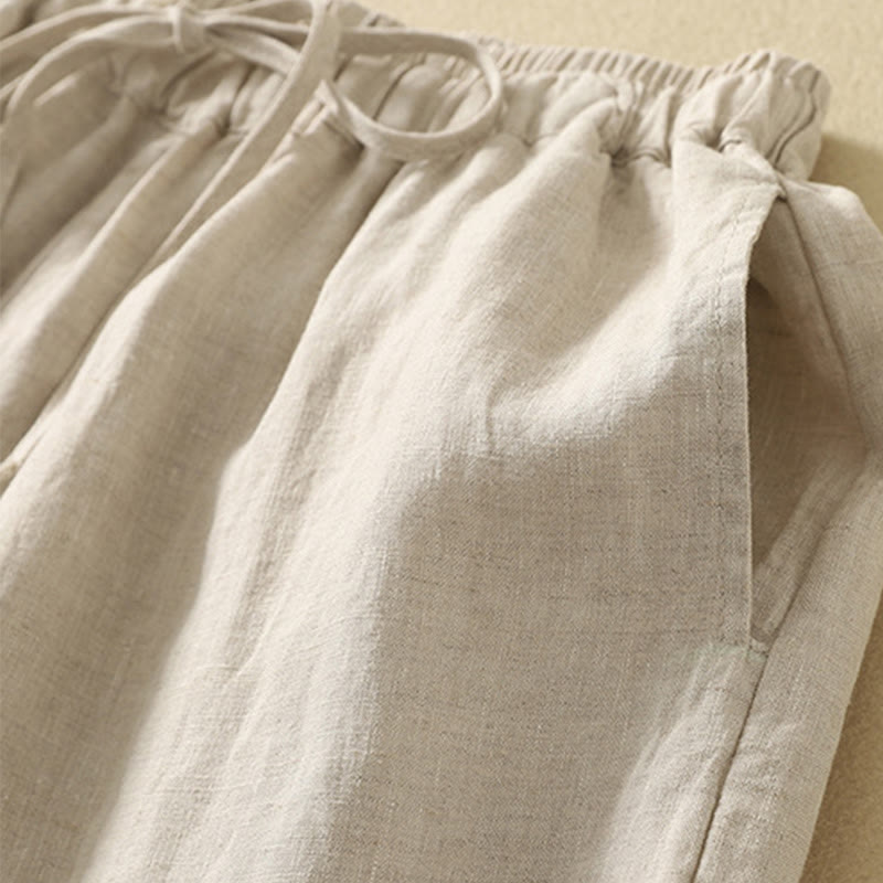Pantalon décontracté rétro en coton et lin avec cordon de serrage et broderie Buddha Stones pour femme, longueur 7-8, avec poches