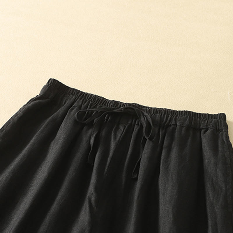 Pantalon décontracté rétro en coton et lin avec cordon de serrage et broderie Buddha Stones pour femme, longueur 7-8, avec poches