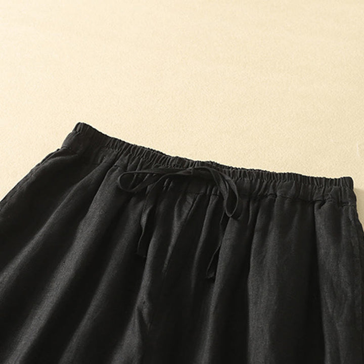 Pantalon décontracté rétro en coton et lin avec cordon de serrage et broderie Buddha Stones pour femme, longueur 7-8, avec poches