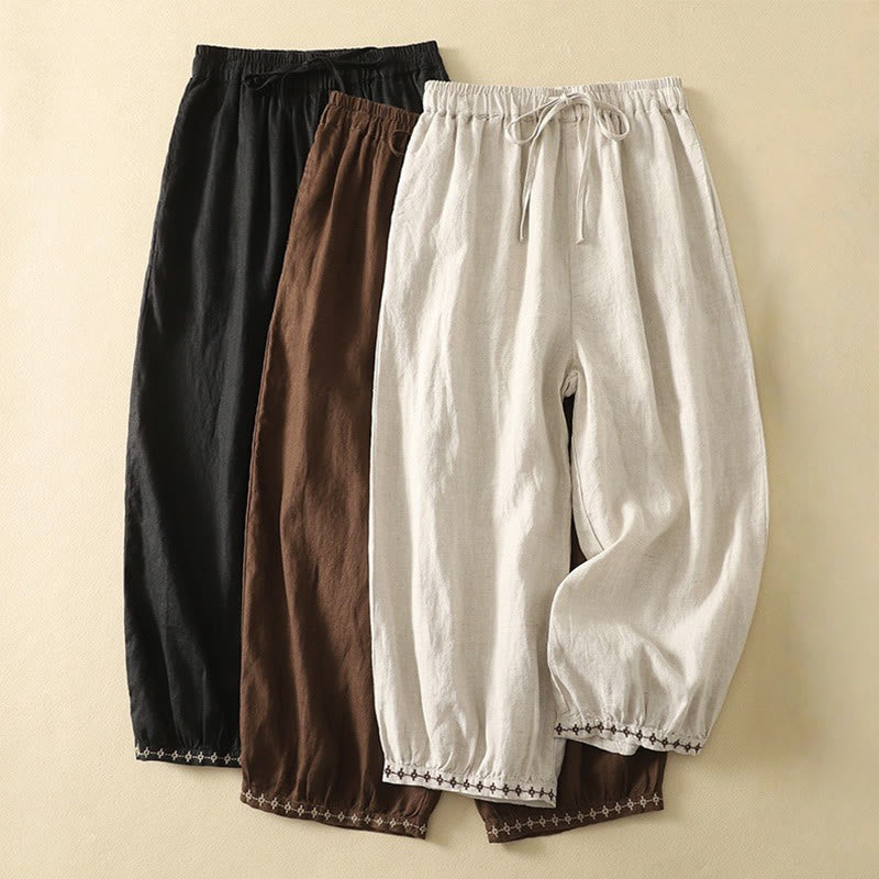 Pantalon décontracté rétro en coton et lin avec cordon de serrage et broderie Buddha Stones pour femme, longueur 7-8, avec poches