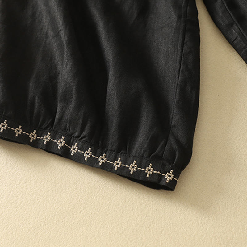 Pantalon décontracté rétro en coton et lin avec cordon de serrage et broderie Buddha Stones pour femme, longueur 7-8, avec poches