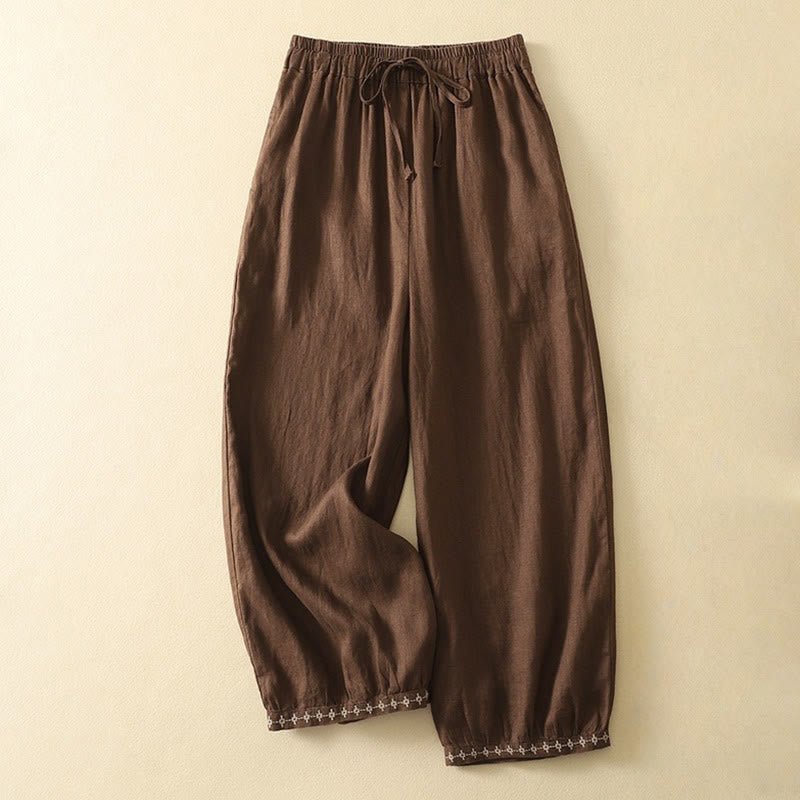 Pantalon décontracté rétro en coton et lin avec cordon de serrage et broderie Buddha Stones pour femme, longueur 7-8, avec poches