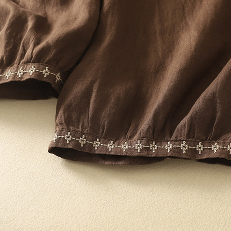 Pantalon décontracté rétro en coton et lin avec cordon de serrage et broderie Buddha Stones pour femme, longueur 7-8, avec poches