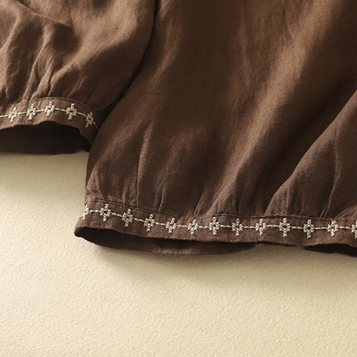 Pantalon décontracté rétro en coton et lin avec cordon de serrage et broderie Buddha Stones pour femme, longueur 7-8, avec poches