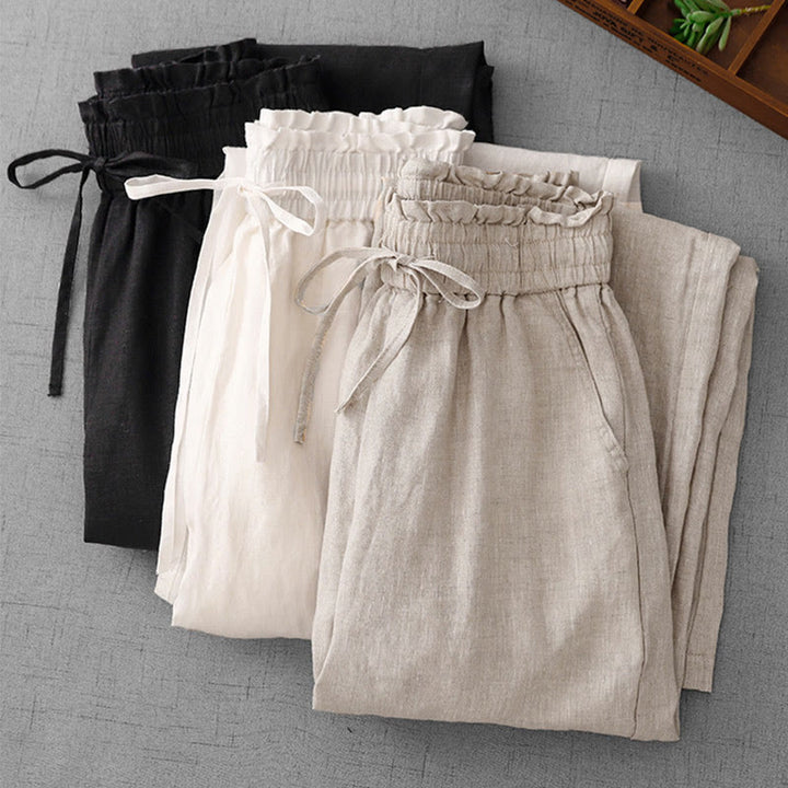 Pantalon décontracté taille haute à volants et cordon de serrage pour femme, coupe large en coton avec poches, motif Buddha Stones - image 27