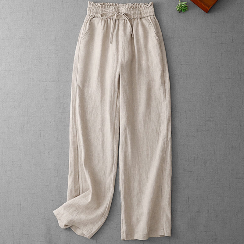 Pantalon décontracté taille haute à volants et cordon de serrage pour femme, coupe large en coton avec poches, motif Buddha Stones - image 1