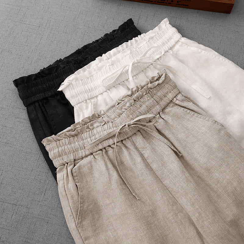 Pantalon décontracté taille haute à volants et cordon de serrage pour femme, coupe large en coton avec poches, motif Buddha Stones - image 24