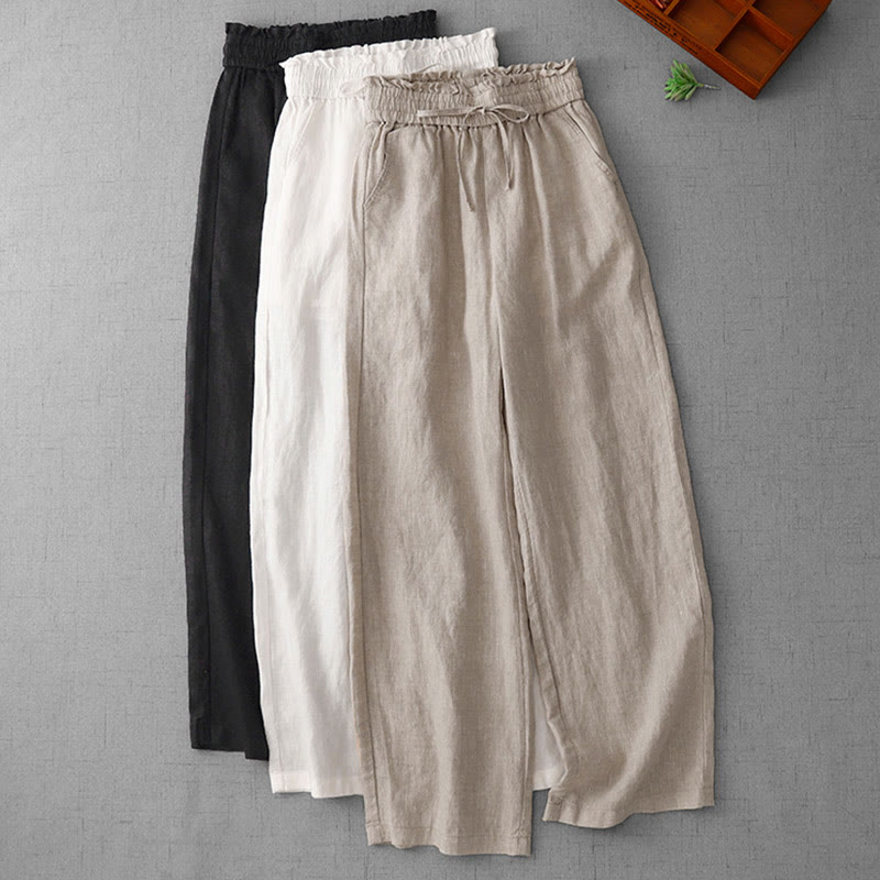 Pantalon décontracté taille haute à volants et cordon de serrage pour femme, coupe large en coton avec poches, motif Buddha Stones - image 26