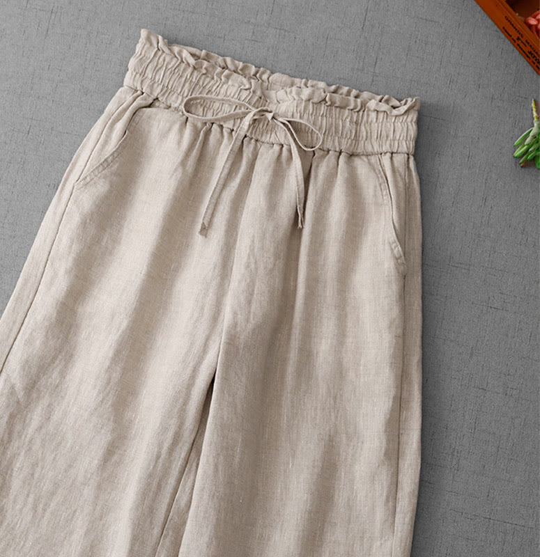 Pantalon décontracté taille haute à volants et cordon de serrage pour femme, coupe large en coton avec poches, motif Buddha Stones - image 2