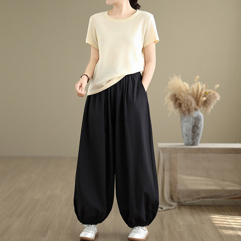 Pantalon bouffant en coton uni avec poches Buddha Stones Commute Summer pour femme - image 5