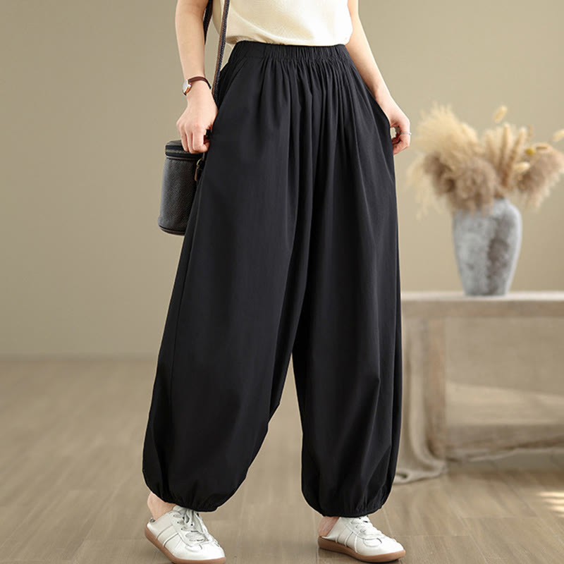 Pantalon bouffant en coton uni avec poches Buddha Stones Commute Summer pour femme - Noir - US12，UK/AU16，EU44 (2XL) - image 0