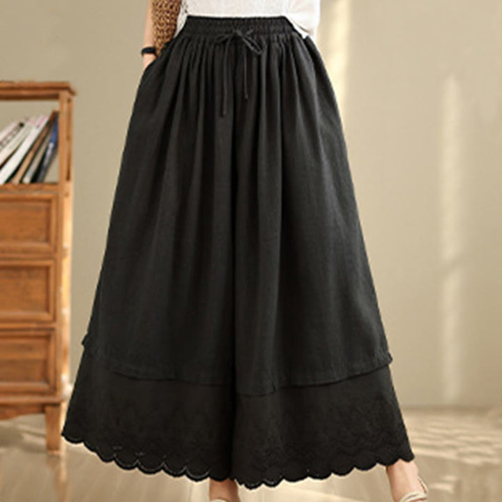 Pantalon large en coton avec poches pour femme, broderie printanière en Buddha Stones , ourlet patchwork et cordon de serrage - image 11