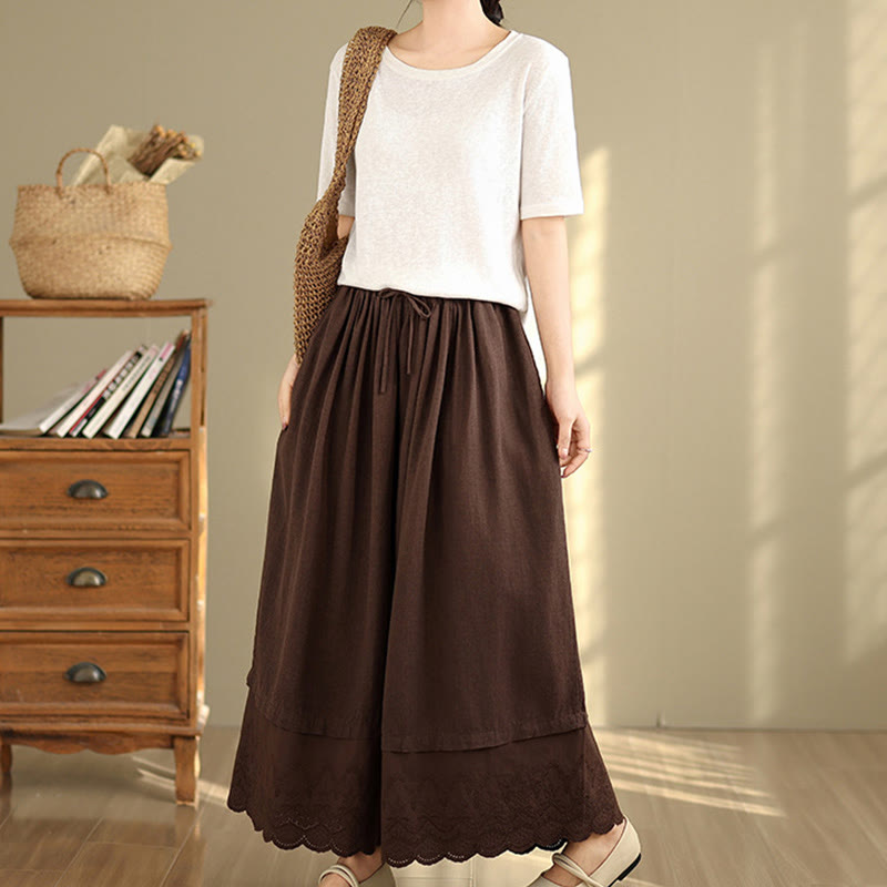 Pantalon large en coton avec poches pour femme, broderie printanière en Buddha Stones , ourlet patchwork et cordon de serrage