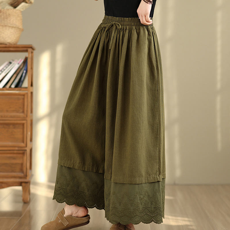Pantalon large en coton avec poches pour femme, broderie printanière en Buddha Stones , ourlet patchwork et cordon de serrage