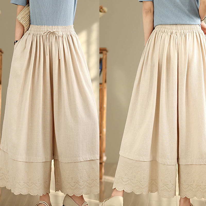 Pantalon large en coton avec poches pour femme, broderie printanière en Buddha Stones , ourlet patchwork et cordon de serrage - image 8