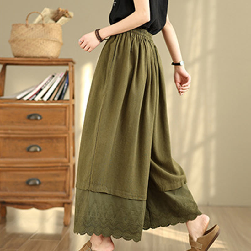 Pantalon large en coton avec poches pour femme, broderie printanière en Buddha Stones , ourlet patchwork et cordon de serrage
