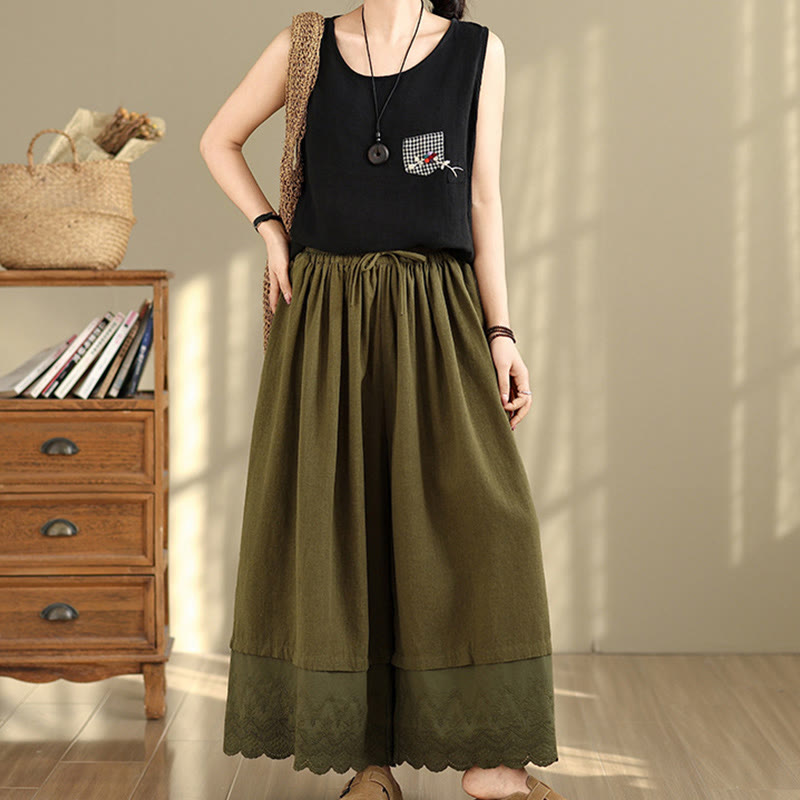 Pantalon large en coton avec poches pour femme, broderie printanière en Buddha Stones , ourlet patchwork et cordon de serrage
