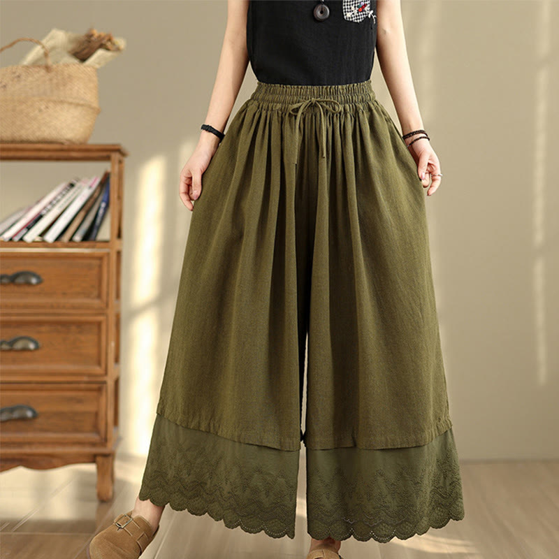 Pantalon large en coton avec poches pour femme, broderie printanière en Buddha Stones , ourlet patchwork et cordon de serrage