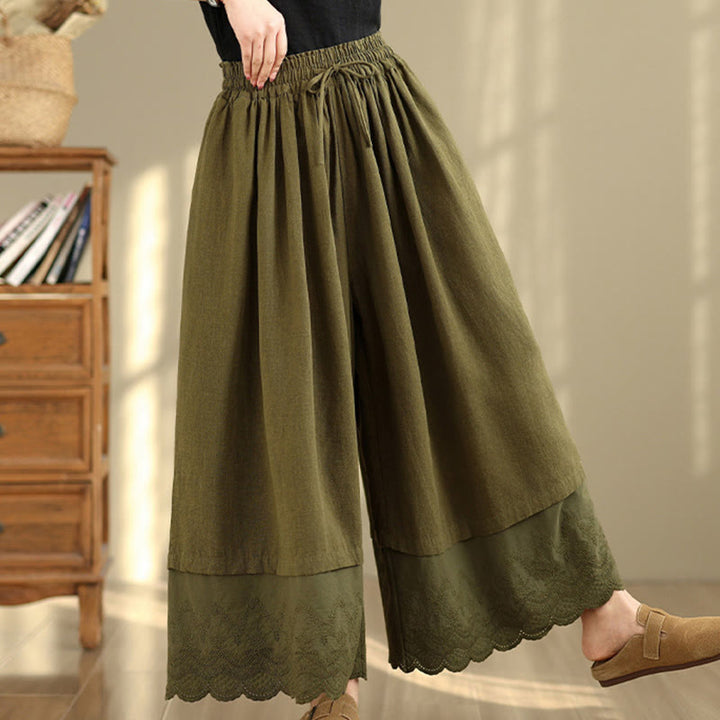 Pantalon large en coton avec poches pour femme, broderie printanière en Buddha Stones , ourlet patchwork et cordon de serrage