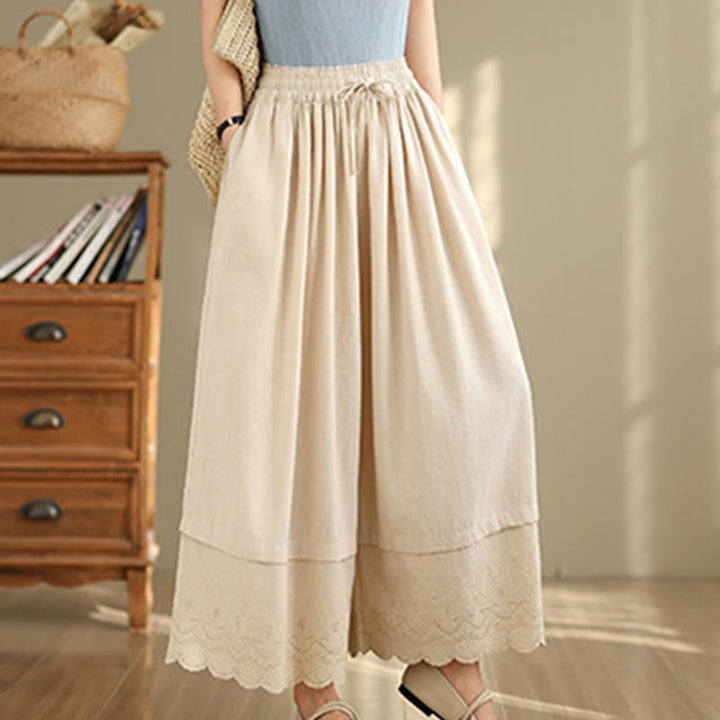 Pantalon large en coton avec poches pour femme, broderie printanière en Buddha Stones , ourlet patchwork et cordon de serrage