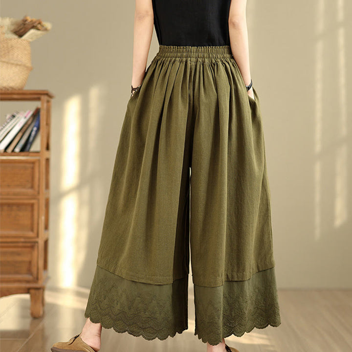 Pantalon large en coton avec poches pour femme, broderie printanière en Buddha Stones , ourlet patchwork et cordon de serrage