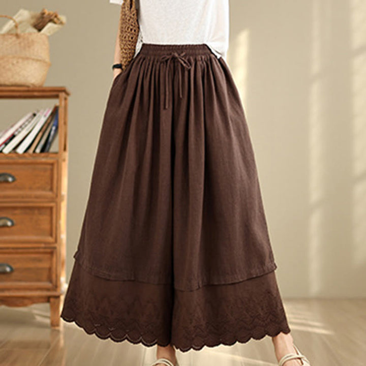 Pantalon large en coton avec poches pour femme, broderie printanière en Buddha Stones , ourlet patchwork et cordon de serrage