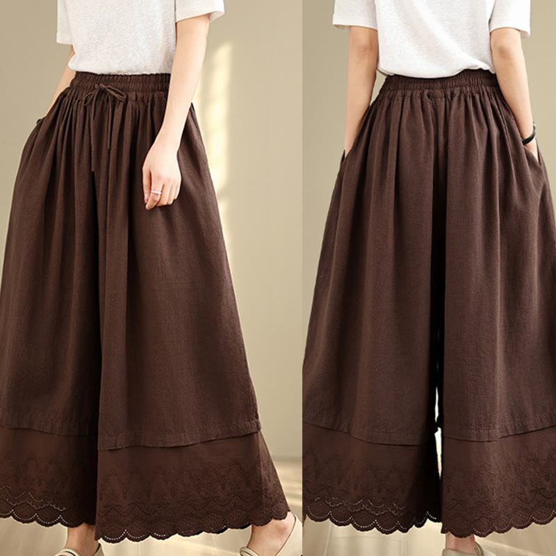 Pantalon large en coton avec poches pour femme, broderie printanière en Buddha Stones , ourlet patchwork et cordon de serrage - image 17