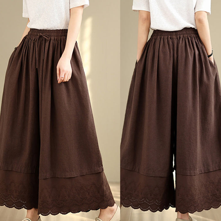 Pantalon large en coton avec poches pour femme, broderie printanière en Buddha Stones , ourlet patchwork et cordon de serrage - image 17