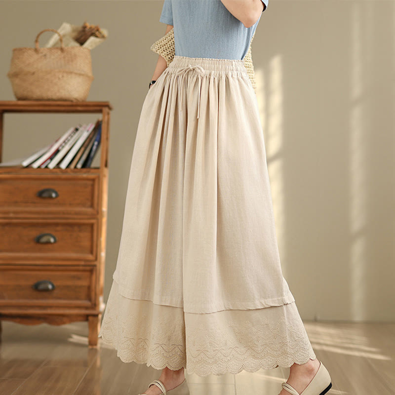 Pantalon large en coton avec poches pour femme, broderie printanière en Buddha Stones , ourlet patchwork et cordon de serrage