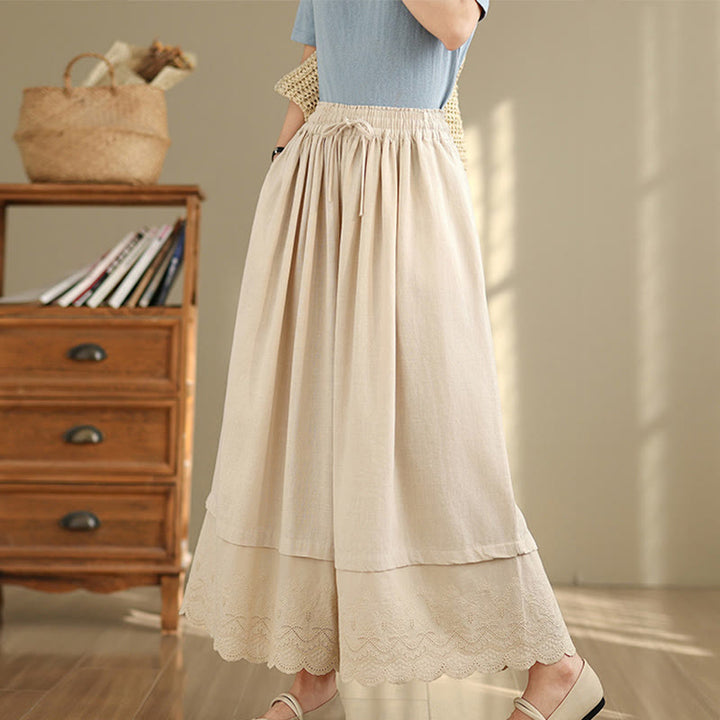 Pantalon large en coton avec poches pour femme, broderie printanière en Buddha Stones , ourlet patchwork et cordon de serrage