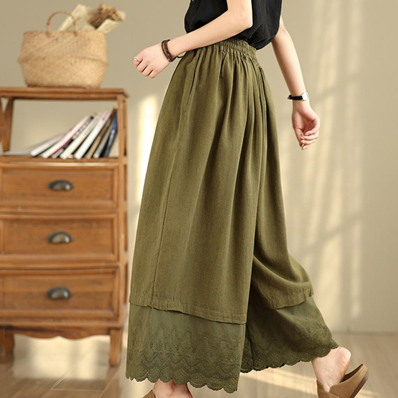 Pantalon large en coton avec poches pour femme, broderie printanière en Buddha Stones , ourlet patchwork et cordon de serrage