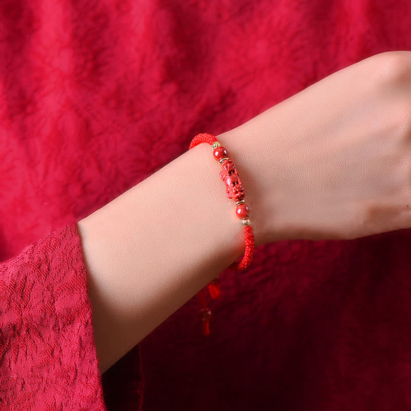 Bracelet tressé artisanal en Buddha Stones Pixiu Cinabre Ruyi Stick Wealth Luck