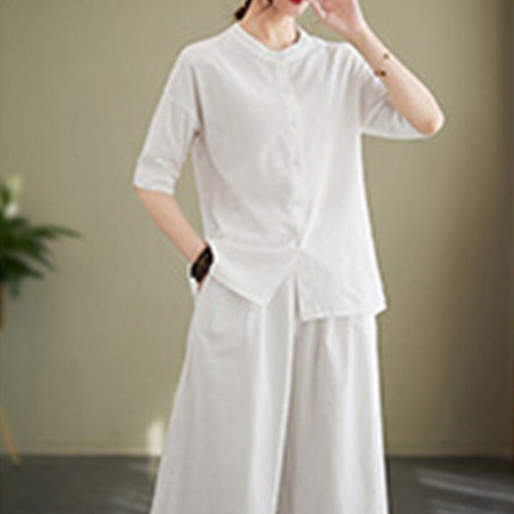 Ensemble 2 pièces décontracté à boutons et manches mi-longues, motif Buddha Stones , pantalon large avec poches, en coton, vêtements zen pour femmes - image 5
