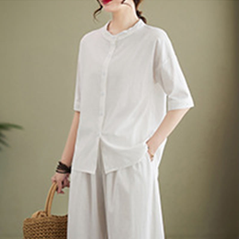 Ensemble 2 pièces décontracté à boutons et manches mi-longues, motif Buddha Stones , pantalon large avec poches, en coton, vêtements zen pour femmes - image 4