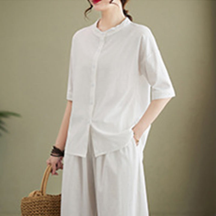 Ensemble 2 pièces décontracté à boutons et manches mi-longues, motif Buddha Stones , pantalon large avec poches, en coton, vêtements zen pour femmes - image 4