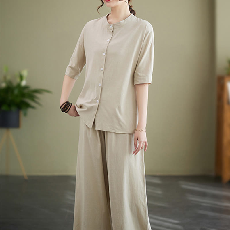 Ensemble 2 pièces décontracté à boutons et manches mi-longues, motif Buddha Stones , pantalon large avec poches, en coton, vêtements zen pour femmes - image 20