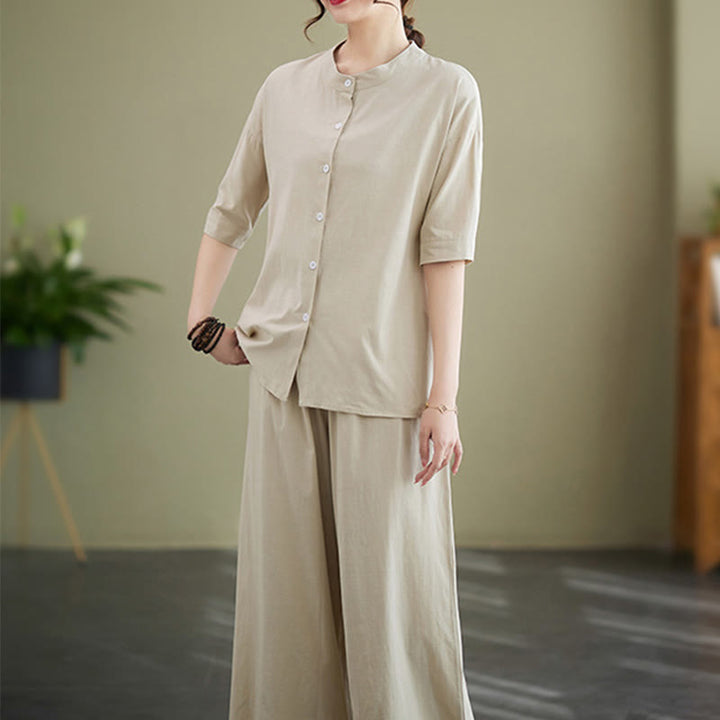 Ensemble 2 pièces décontracté à boutons et manches mi-longues, motif Buddha Stones , pantalon large avec poches, en coton, vêtements zen pour femmes - image 20