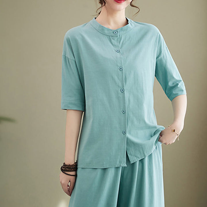 Ensemble 2 pièces décontracté à boutons et manches mi-longues, motif Buddha Stones , pantalon large avec poches, en coton, vêtements zen pour femmes - image 12