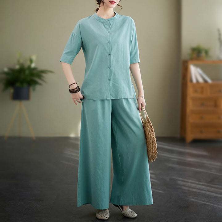 Ensemble 2 pièces décontracté à boutons et manches mi-longues, motif Buddha Stones , pantalon large avec poches, en coton, vêtements zen pour femmes - Turquoise moyen - US8-10，UK/AU12-14，EU40-42 (2XL) - image 8