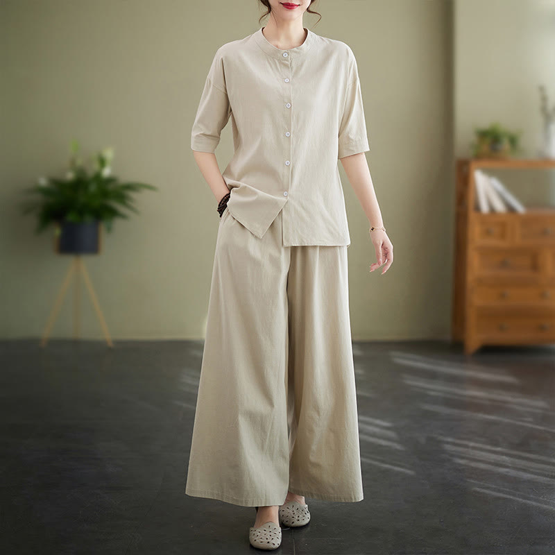 Ensemble 2 pièces décontracté à boutons et manches mi-longues, motif Buddha Stones , pantalon large avec poches, en coton, vêtements zen pour femmes - Beige - US8-10，UK/AU12-14，EU40-42 (2XL) - image 16